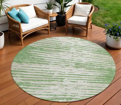 8' Green And Ivory Round Striped Washable Indoor Outdoor Area Rug