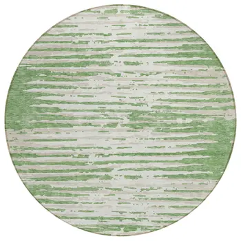 8' Green And Ivory Round Striped Washable Indoor Outdoor Area Rug