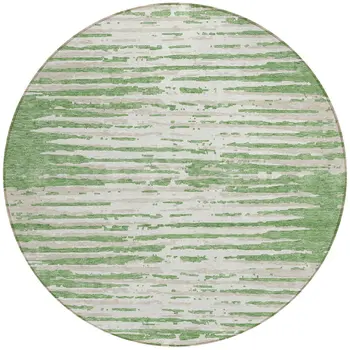 8' Green And Ivory Round Striped Washable Indoor Outdoor Area Rug