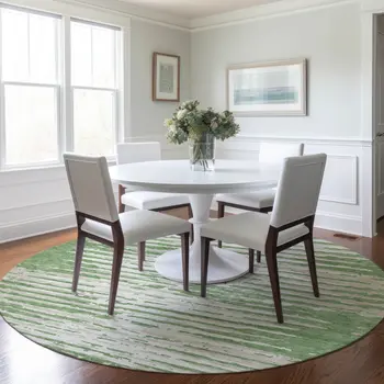 8' Green And Ivory Round Striped Washable Indoor Outdoor Area Rug