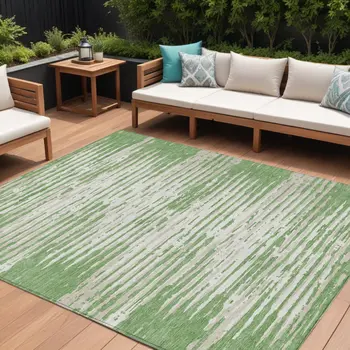 9' X 12' Green And Ivory Striped Washable Indoor Outdoor Area Rug