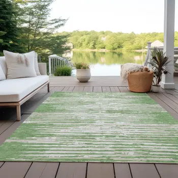 9' X 12' Green And Ivory Striped Washable Indoor Outdoor Area Rug