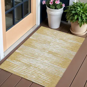 3' X 5' Gold Gray And Beige Striped Washable Indoor Outdoor Area Rug
