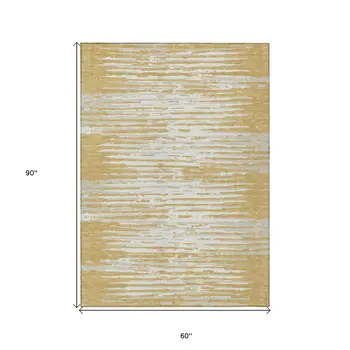 5' X 8' Gold Gray And Beige Striped Washable Indoor Outdoor Area Rug