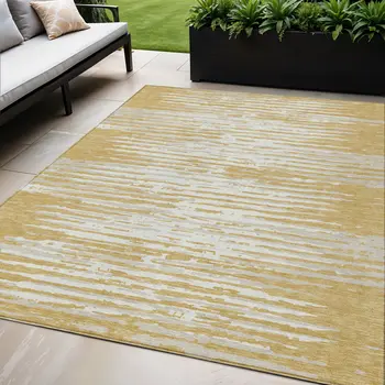 5' X 8' Gold Gray And Beige Striped Washable Indoor Outdoor Area Rug