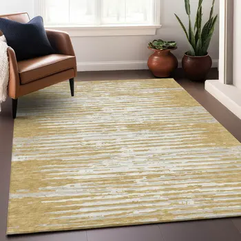 5' X 8' Gold Gray And Beige Striped Washable Indoor Outdoor Area Rug