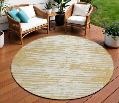 8' Gold Gray And Beige Round Striped Washable Indoor Outdoor Area Rug