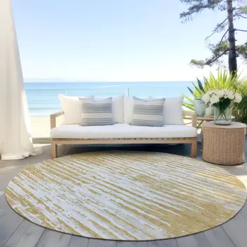 8' Gold Gray And Beige Round Striped Washable Indoor Outdoor Area Rug