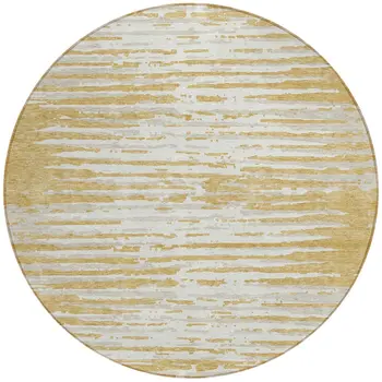 8' Gold Gray And Beige Round Striped Washable Indoor Outdoor Area Rug