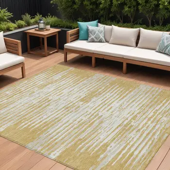 8' X 10' Gold Gray And Beige Striped Washable Indoor Outdoor Area Rug