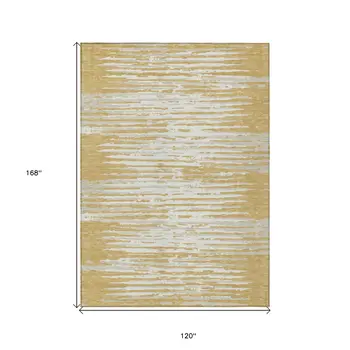 10' X 14' Gold Gray And Beige Striped Washable Indoor Outdoor Area Rug