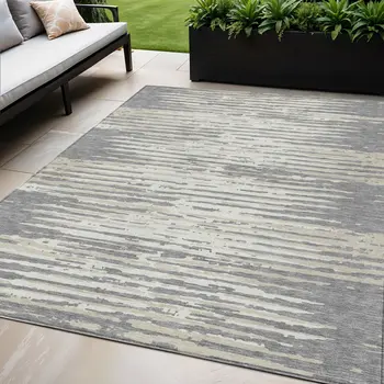 5' X 8' Gray And Ivory Striped Washable Indoor Outdoor Area Rug