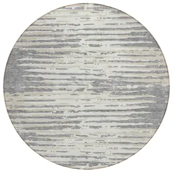 8' Gray And Ivory Round Striped Washable Indoor Outdoor Area Rug