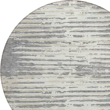 8' Gray And Ivory Round Striped Washable Indoor Outdoor Area Rug