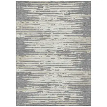 8' X 10' Gray And Ivory Striped Washable Indoor Outdoor Area Rug