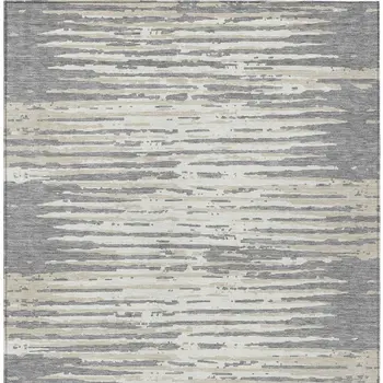 9' X 12' Gray And Ivory Striped Washable Indoor Outdoor Area Rug