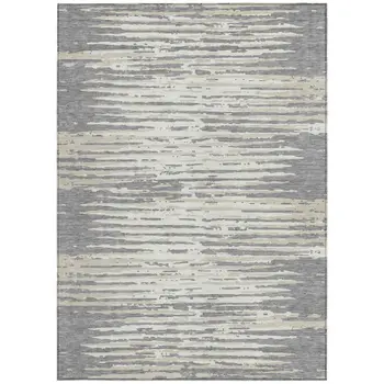 10' X 14' Gray And Ivory Striped Washable Indoor Outdoor Area Rug