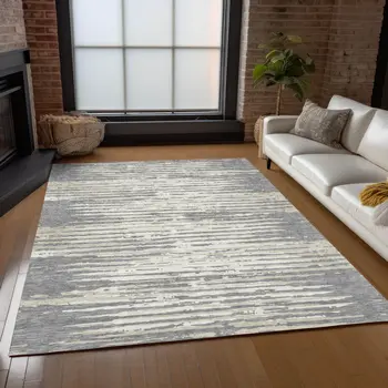 10' X 14' Gray And Ivory Striped Washable Indoor Outdoor Area Rug