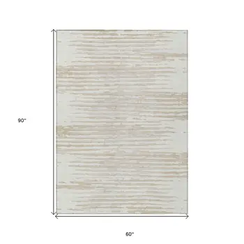 5' X 8' Ivory And Beige Striped Washable Indoor Outdoor Area Rug