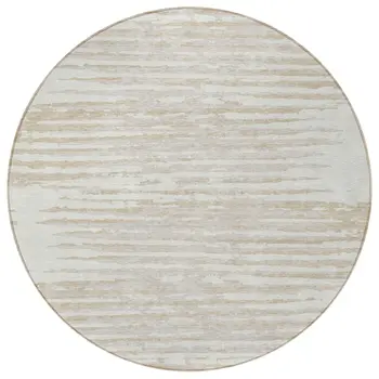 8' Ivory And Beige Round Striped Washable Indoor Outdoor Area Rug