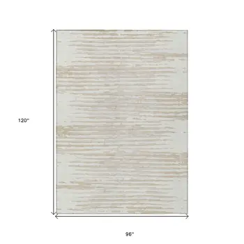 8' X 10' Ivory And Beige Striped Washable Indoor Outdoor Area Rug