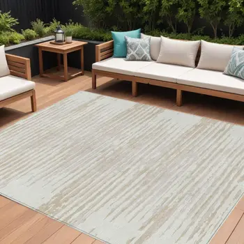 10' X 14' Ivory And Beige Striped Washable Indoor Outdoor Area Rug