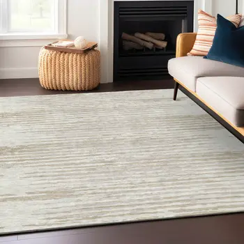 10' X 14' Ivory And Beige Striped Washable Indoor Outdoor Area Rug