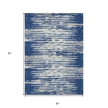 3' X 5' Navy Blue And Ivory Striped Washable Indoor Outdoor Area Rug