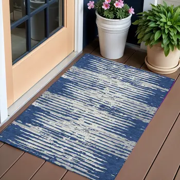 3' X 5' Navy Blue And Ivory Striped Washable Indoor Outdoor Area Rug