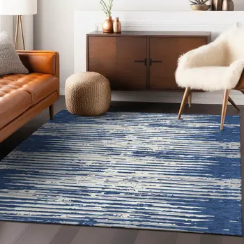 3' X 5' Navy Blue And Ivory Striped Washable Indoor Outdoor Area Rug