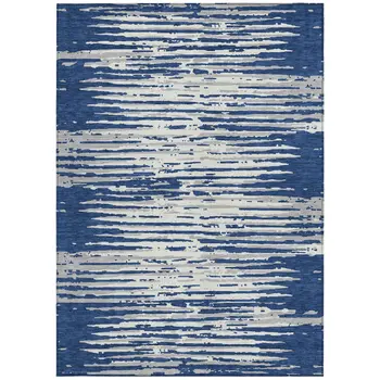 5' X 8' Navy Blue And Ivory Striped Washable Indoor Outdoor Area Rug