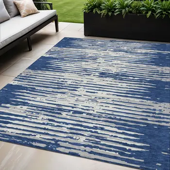 5' X 8' Navy Blue And Ivory Striped Washable Indoor Outdoor Area Rug