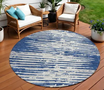 8' Navy Blue And Ivory Round Striped Washable Indoor Outdoor Area Rug