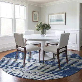 8' Navy Blue And Ivory Round Striped Washable Indoor Outdoor Area Rug