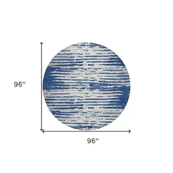 8' Navy Blue And Ivory Round Striped Washable Indoor Outdoor Area Rug