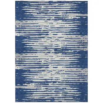 8' X 10' Navy Blue And Ivory Striped Washable Indoor Outdoor Area Rug