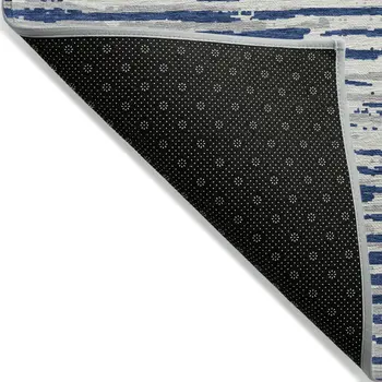 9' X 12' Navy Blue And Ivory Striped Washable Indoor Outdoor Area Rug