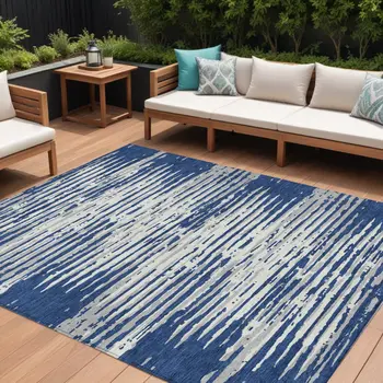 10' X 14' Navy Blue And Ivory Striped Washable Indoor Outdoor Area Rug