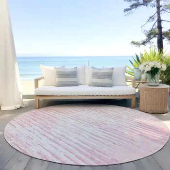 8' Pink And Gray Round Striped Washable Indoor Outdoor Area Rug