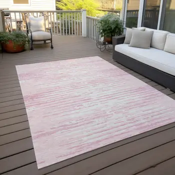 8' X 10' Pink And Gray Striped Washable Indoor Outdoor Area Rug