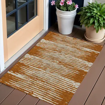 3' X 5' Brown Gray And Ivory Striped Washable Indoor Outdoor Area Rug
