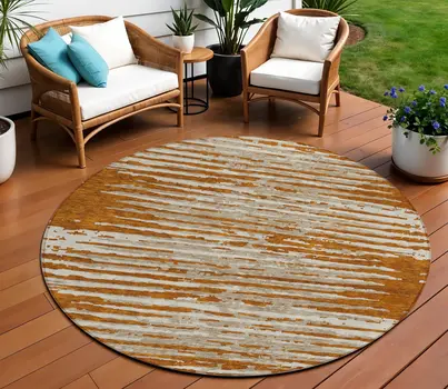 8' Brown Gray And Ivory Round Striped Washable Indoor Outdoor Area Rug