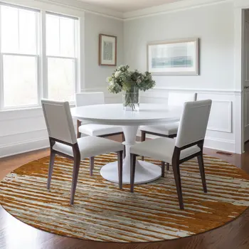 8' Brown Gray And Ivory Round Striped Washable Indoor Outdoor Area Rug