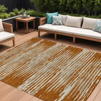 9' X 12' Brown Gray And Ivory Striped Washable Indoor Outdoor Area Rug