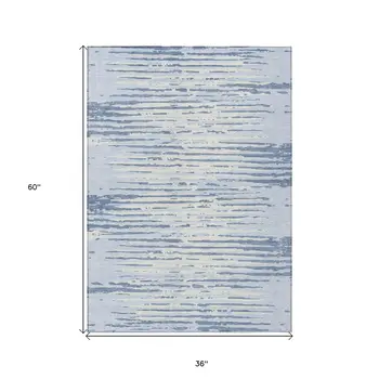 3' X 5' Sky Blue And Ivory Striped Washable Indoor Outdoor Area Rug