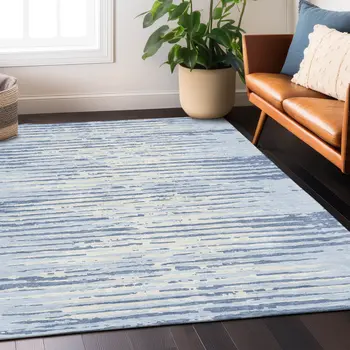 3' X 5' Sky Blue And Ivory Striped Washable Indoor Outdoor Area Rug