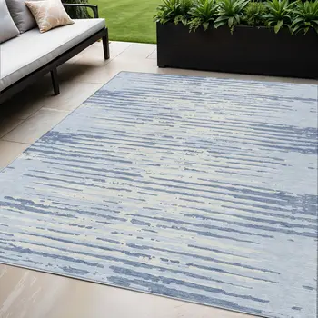 5' X 8' Sky Blue And Ivory Striped Washable Indoor Outdoor Area Rug