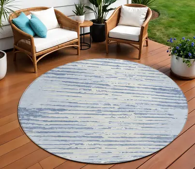 8' Sky Blue And Ivory Round Striped Washable Indoor Outdoor Area Rug