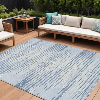 8' X 10' Sky Blue And Ivory Striped Washable Indoor Outdoor Area Rug