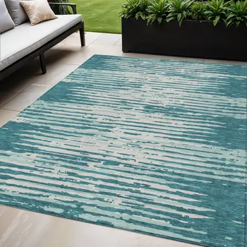 5' X 8' Teal Blue And Ivory Striped Washable Indoor Outdoor Area Rug